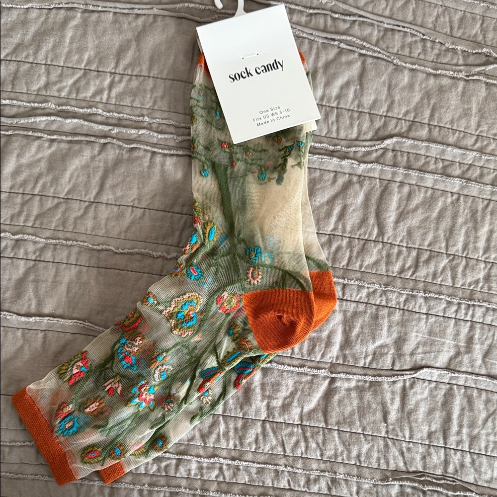 Floral Sheer Socks - Orange and Green